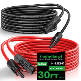 Oududianzi 30ft red 10 AWG solar cable with durable outdoor-ready connectors.