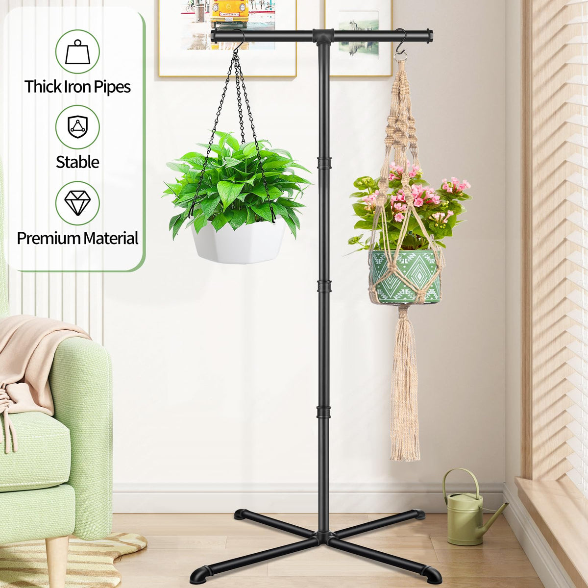 OugeWood four-hook plant hanger supports heavier pots without tipping.