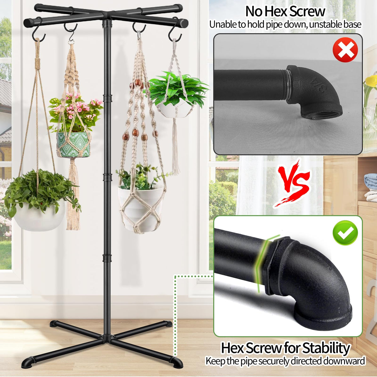 OugeWood plant hanger with 8 hooks supports up to 20 lb for heavier pots.