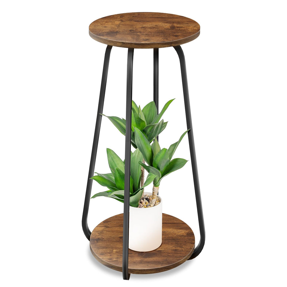 OugeWood 2-tier plant stand with metal frame and wood shelves for sturdy indoor display