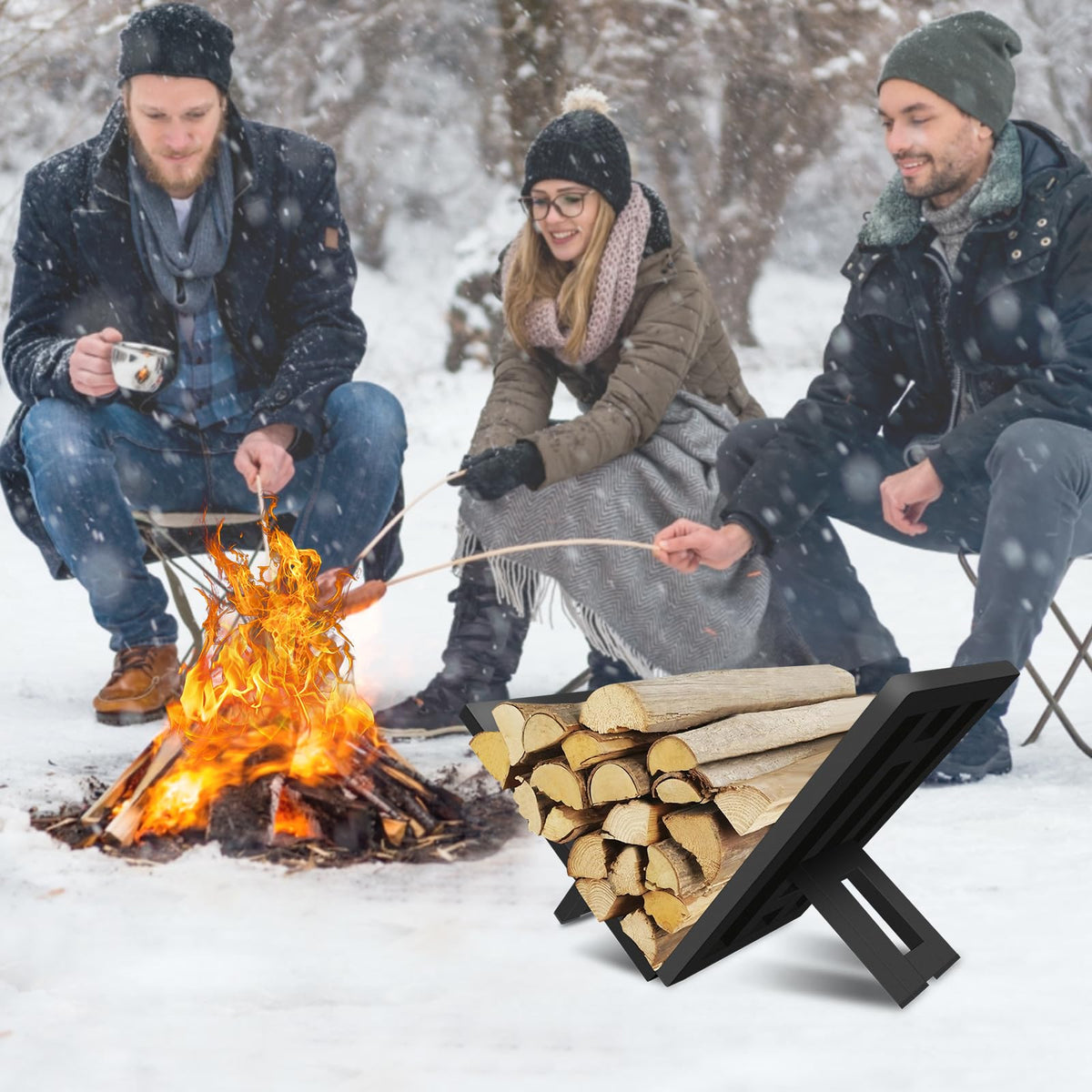 OugeWood log rack near fire pit, versatile for kindling and extra wood.