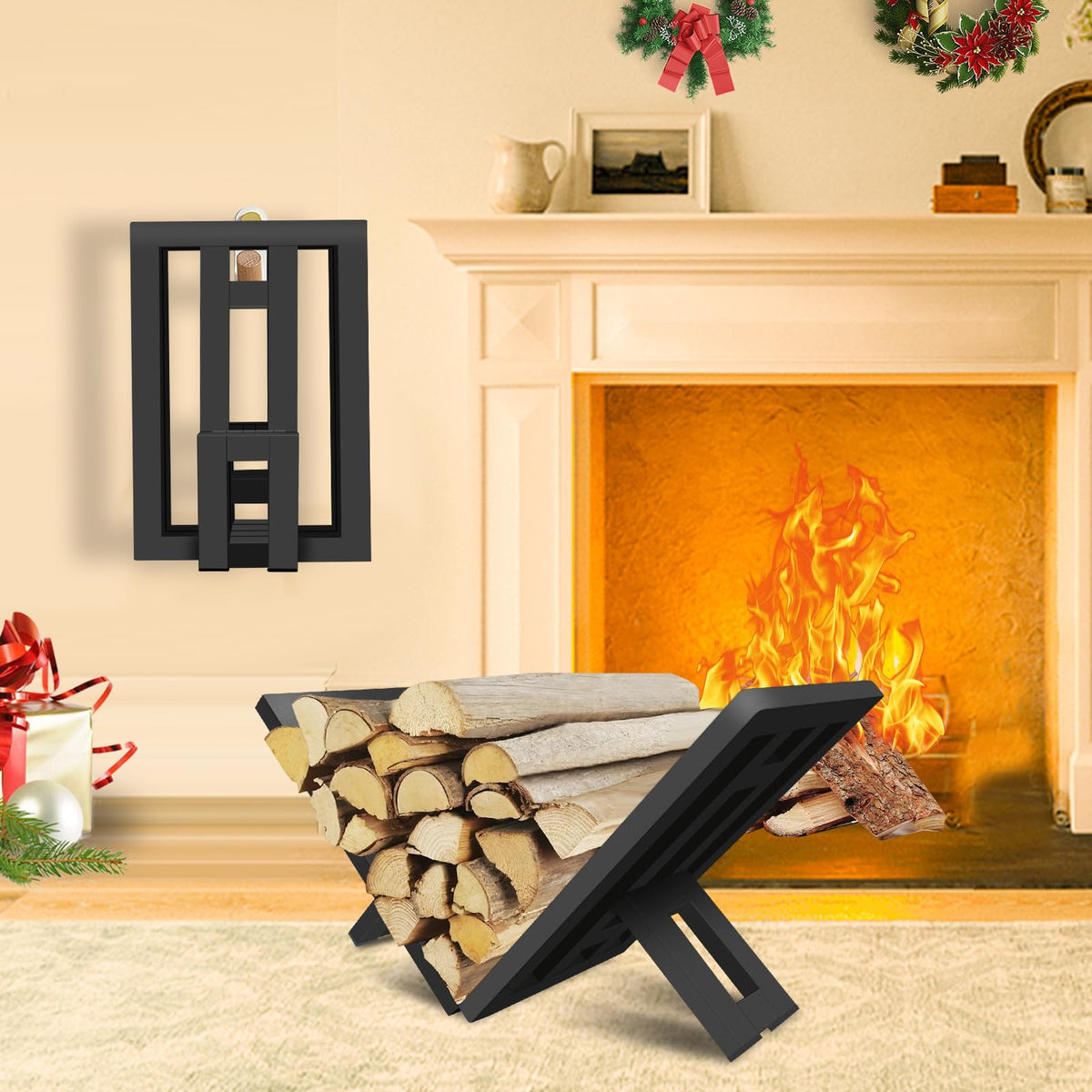 OugeWood portable log rack with handles, easy to move by fireplace or patio.
