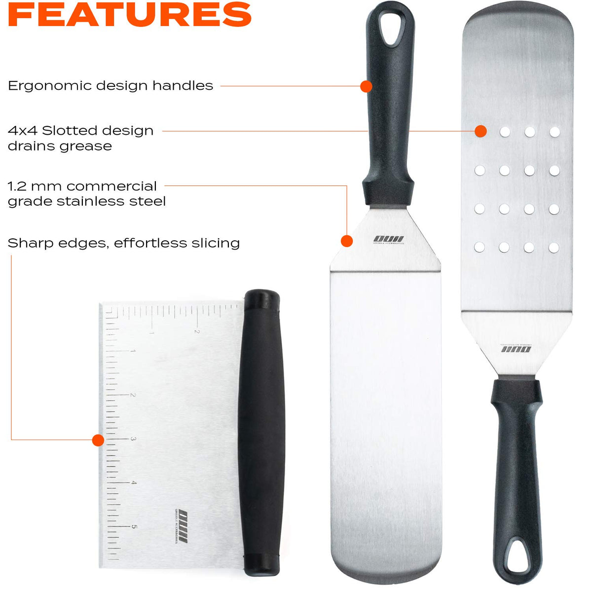 OUII beveled turner on a sturdy griddle for controlled lifting and even food handling.