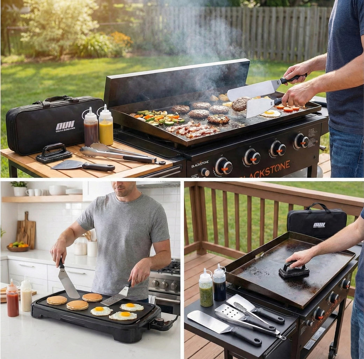 OUII flat-top griddle slotted spatula designed for draining and lifting on busy griddles.