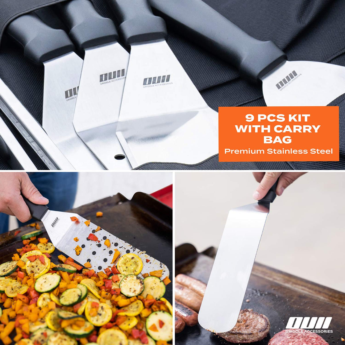 OUII slotted griddle turner ideal for delicate flips and drainage on flat grills.