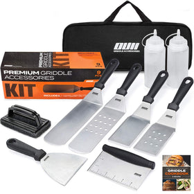 OUII flat-top griddle spatula for precise flipping on Blackstone and Camp Chef grills, durable metal tip.