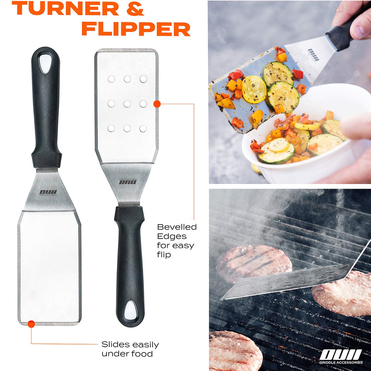 OUII griddle chopper 6 inch for quick mincing onions and breaking ground beef on the surface.