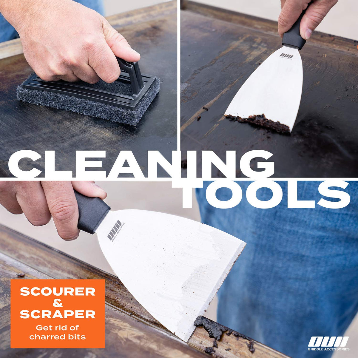OUII heavy duty griddle cleaner scourer for fast cleansing after cooking sessions.