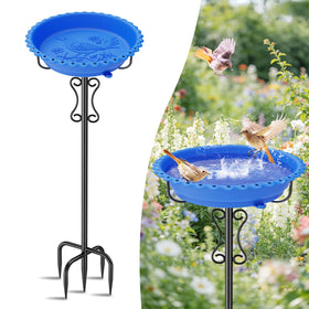 Ouinis outdoor bird bath with stand enhances garden decor and attracts songbirds.
