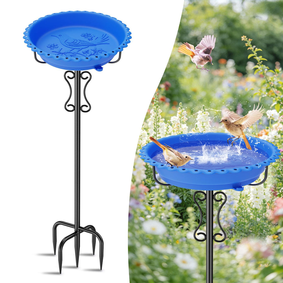 Ouinis outdoor bird bath with stand enhances garden decor and attracts songbirds.