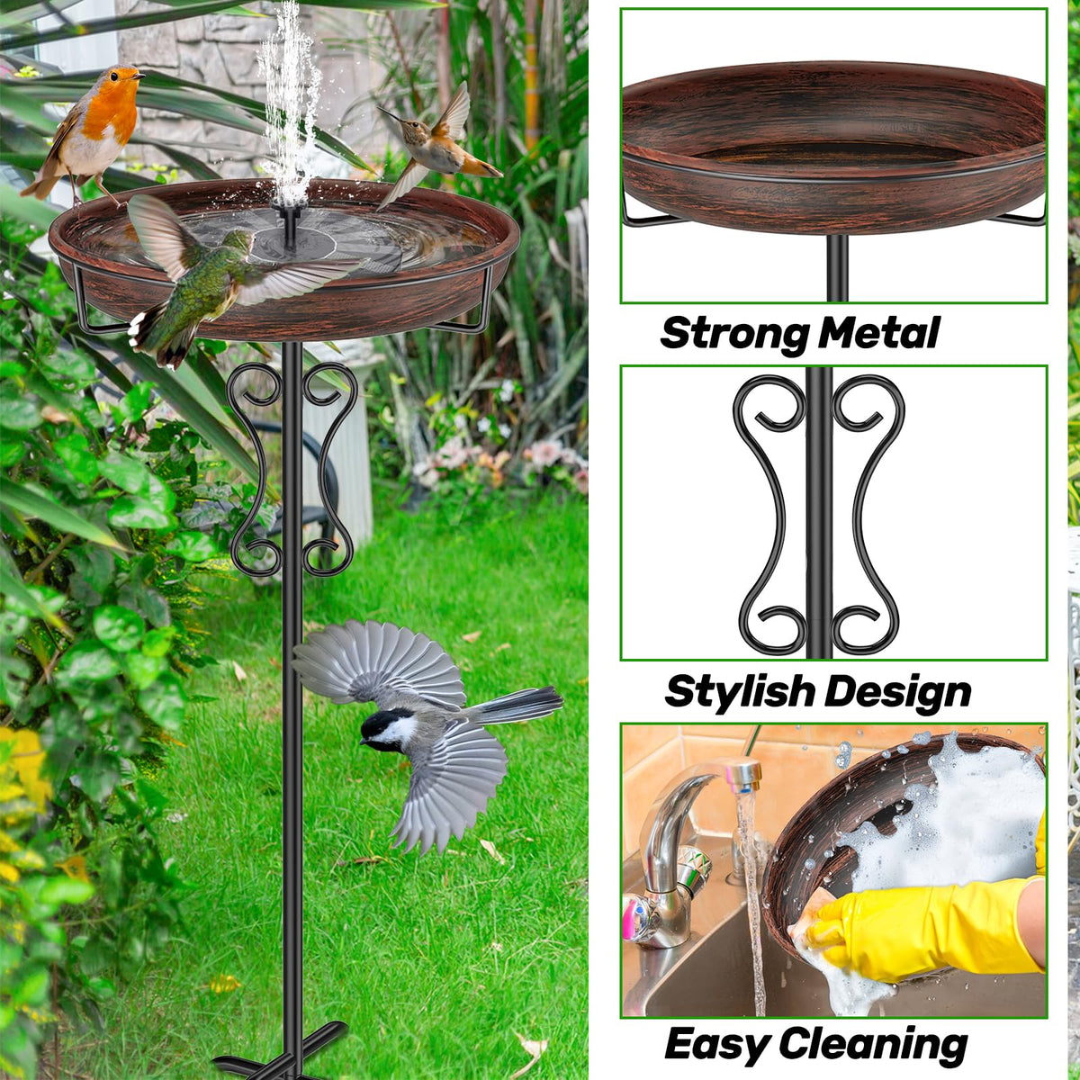 Ouinis iron bird feeder stand emphasizes durable, rust-resistant outdoor support.