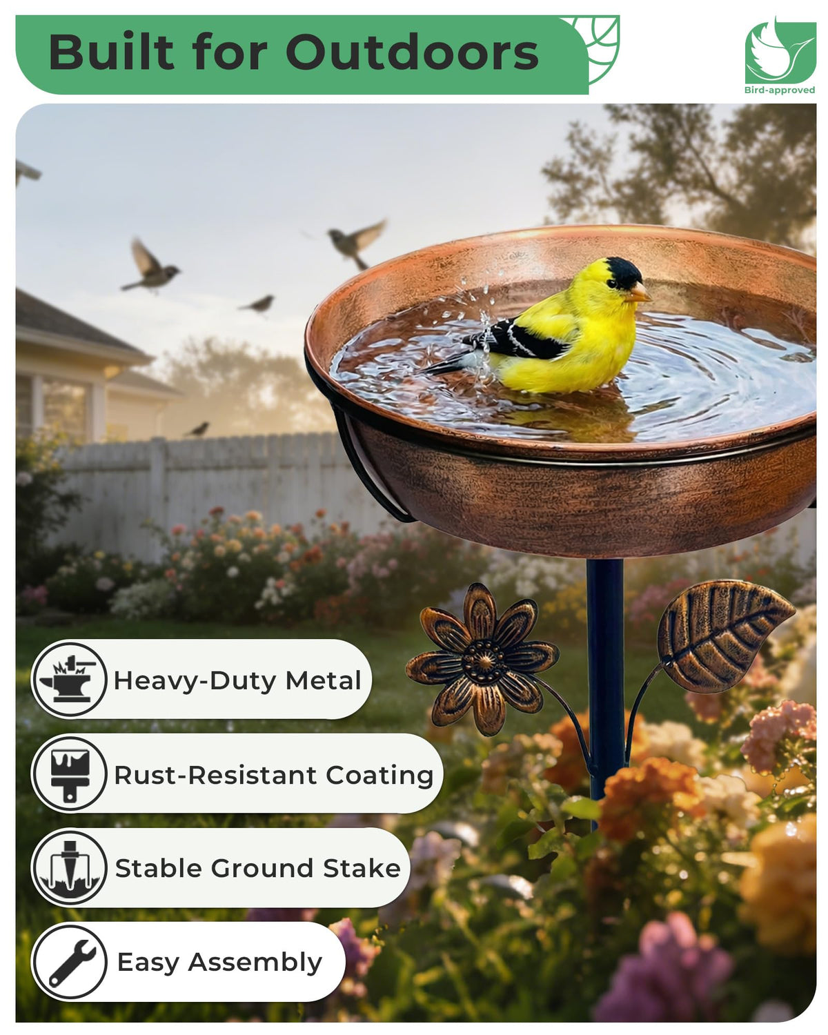 OUISJYER bird bath 12-inch bowl supports comfortable bathing and drinking for small to mid-size birds.