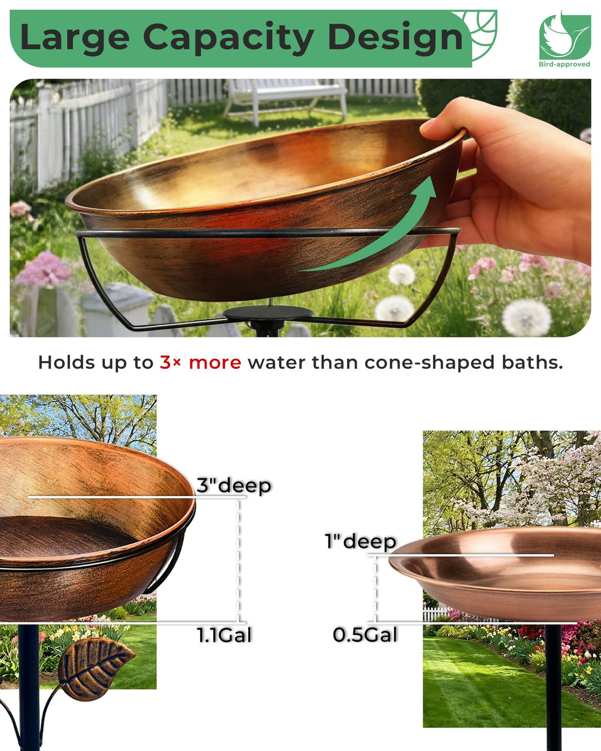 OUISJYER bird bath removable bowl enables quick cleaning and refilling for fresher water.