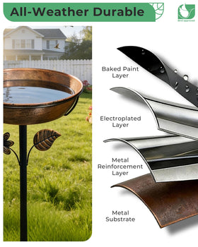 OUISJYER rust-resistant metal bird bath withstands year-round outdoor use.