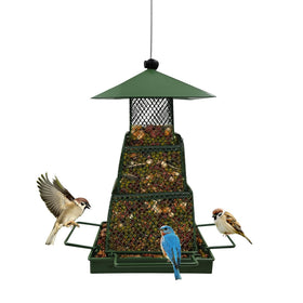 OUISJYER green metal bird feeder with 360° mesh, inviting multiple small birds to feed.