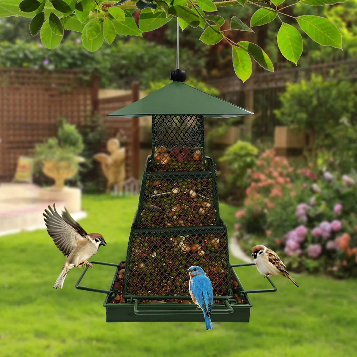 OUISJYER green metal bird feeder, four movable perches for simultaneous finches and chickadees.