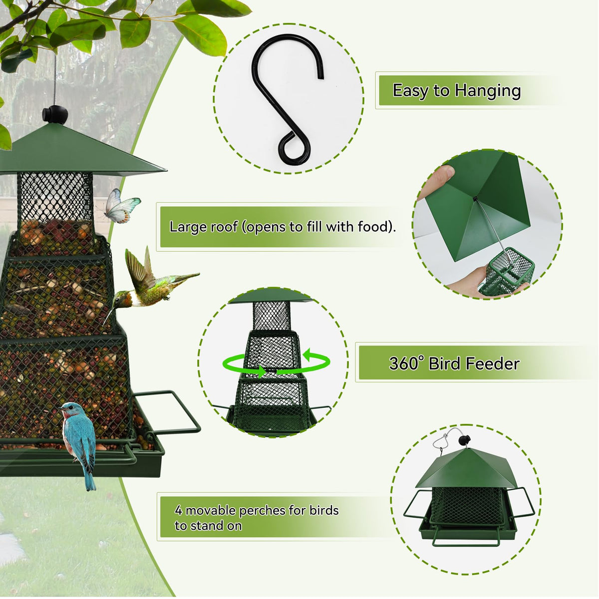 OUISJYER feeder top refill access for quick, mess-free seed refilling.