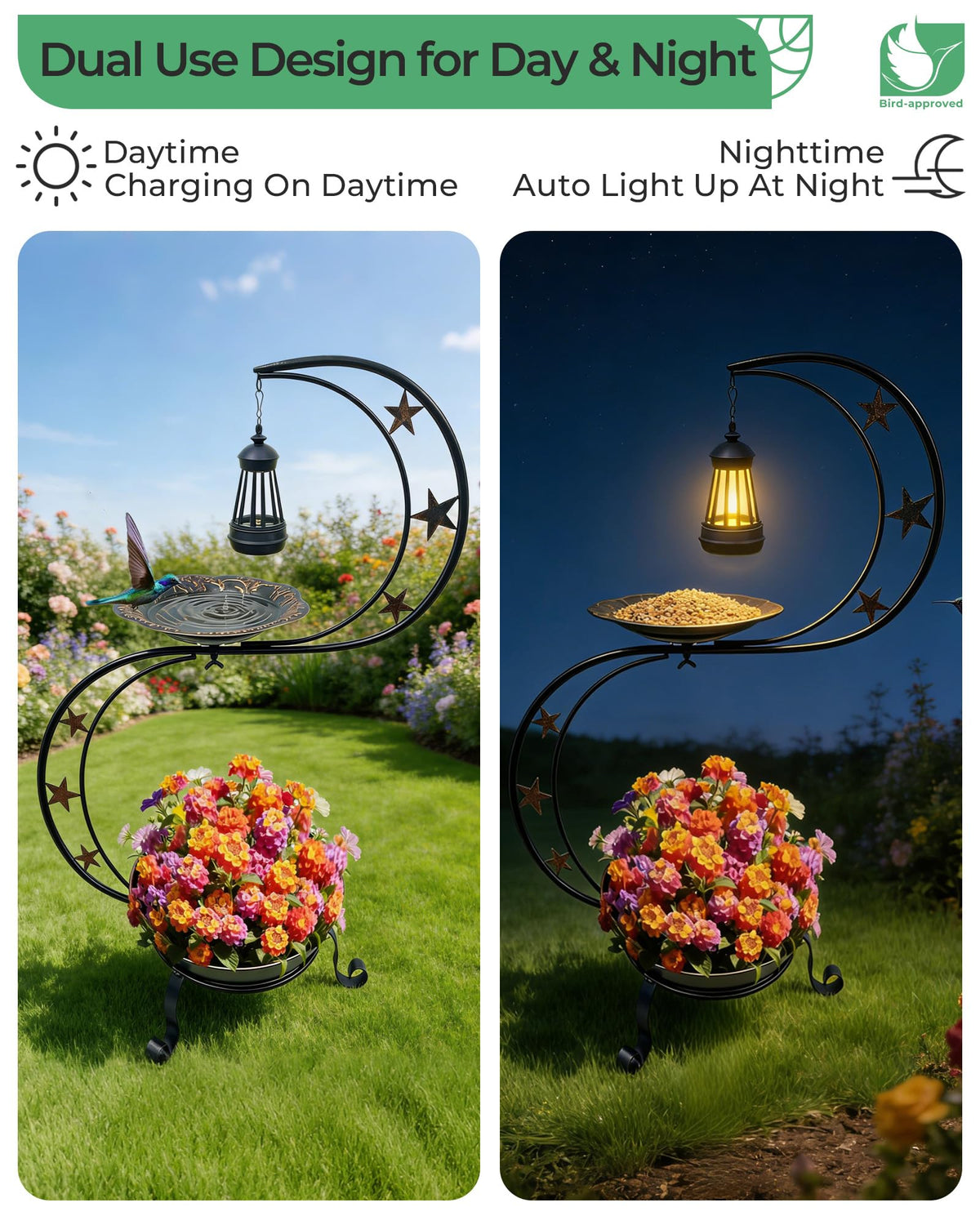 OUISJYER Solar Bird Bath lower planter for flowering plants.
