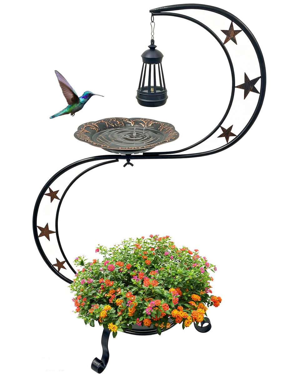 OUISJYER Solar Bird Bath upper bowl hummingbird embossing enhances garden charm.