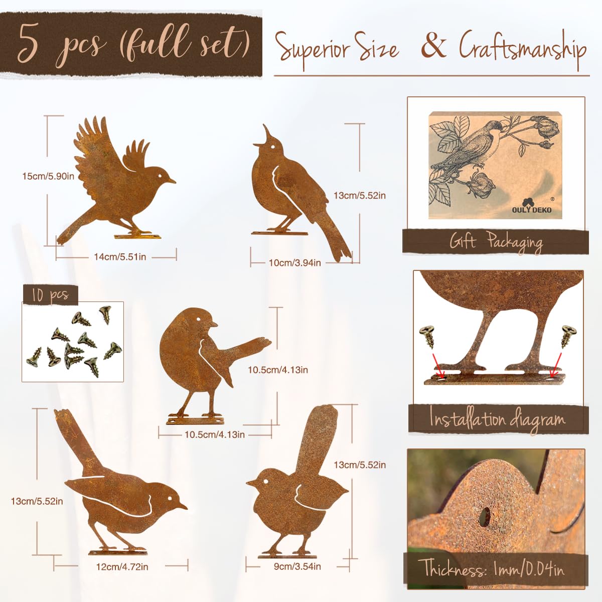 OULYDEKO rustic bird ornaments collection for charming yard accents