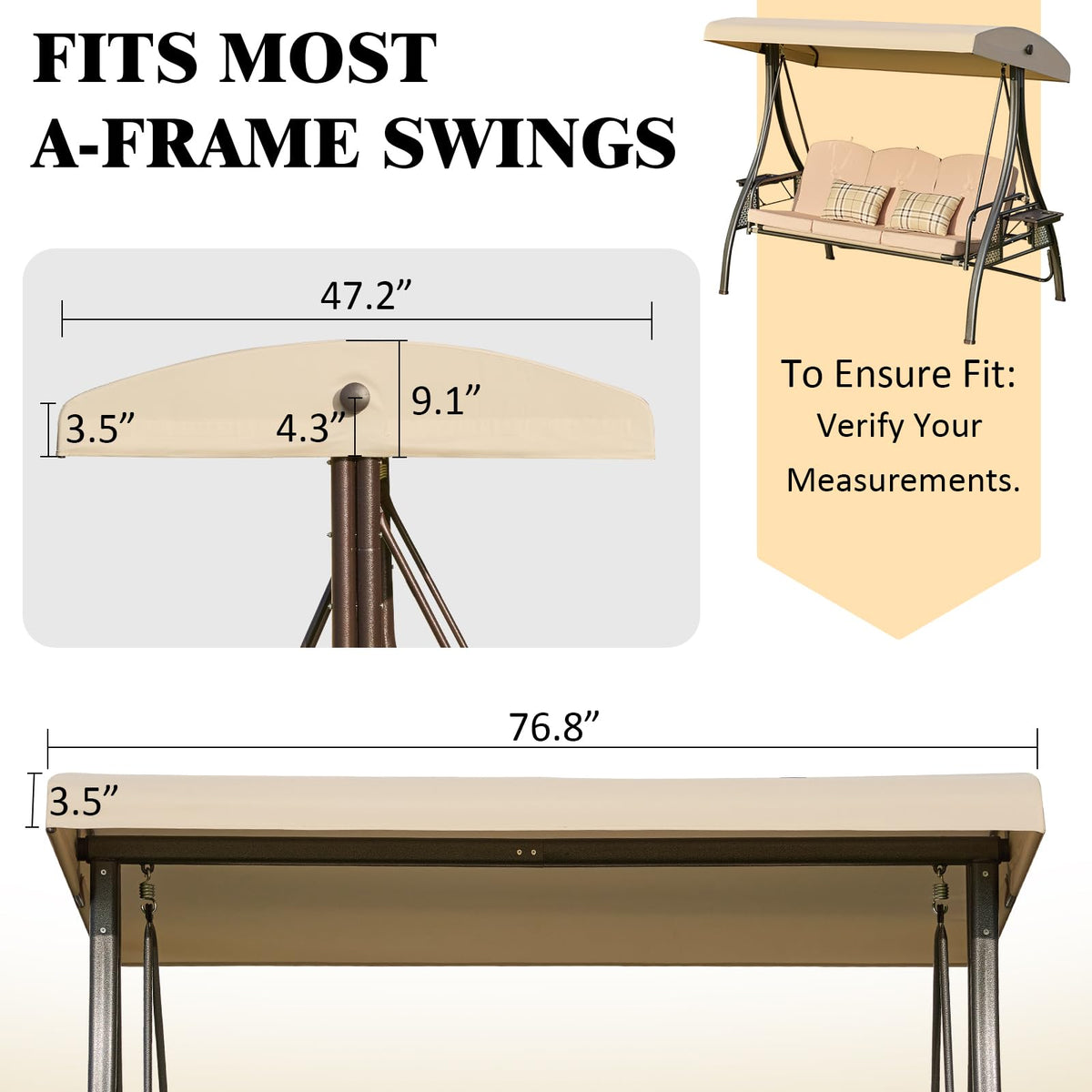 Oungelark swing canopy dimensions confirm 76.8 by 47.2 by 9.1 inches for a precise fit.