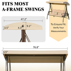 Oungelark swing canopy dimensions confirm 76.8 by 47.2 by 9.1 inches for a precise fit.