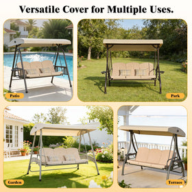 Oungelark canopy on an outdoor swing creates a shaded patio scene.