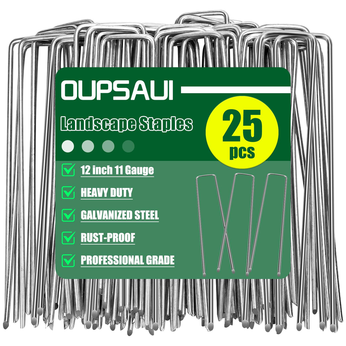 OUPSAUI 12-inch galvanized landscape stake secures weed barrier fabric in gardens