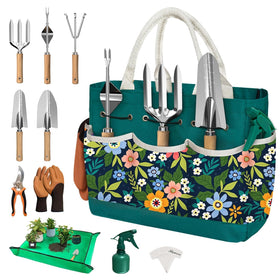 OUREST 22Pcs garden tools set with green tote for organized gardening