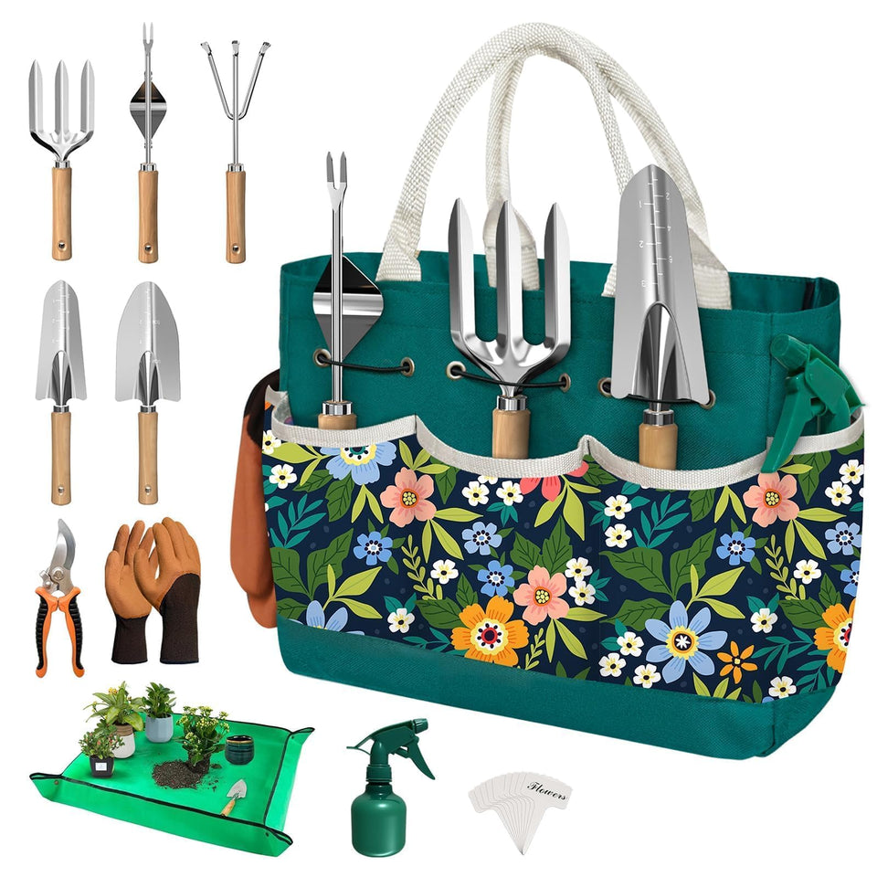 OUREST 22Pcs garden tools set with green tote for organized gardening