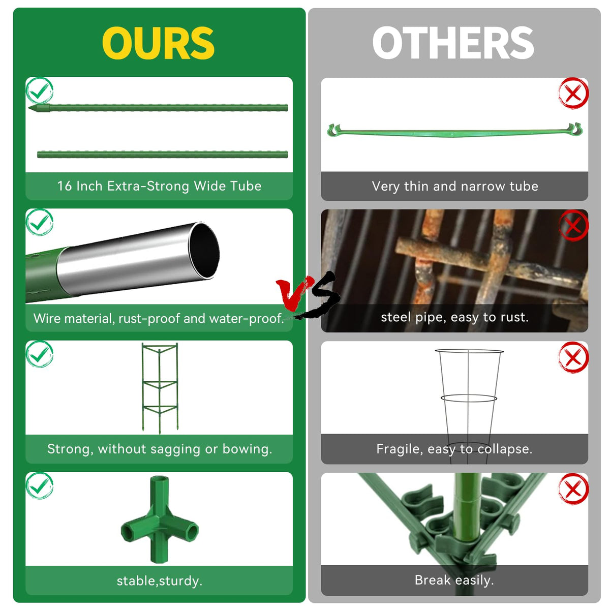 OUREST multi-use garden stakes support tomatoes, cucumbers, peppers, and vines.