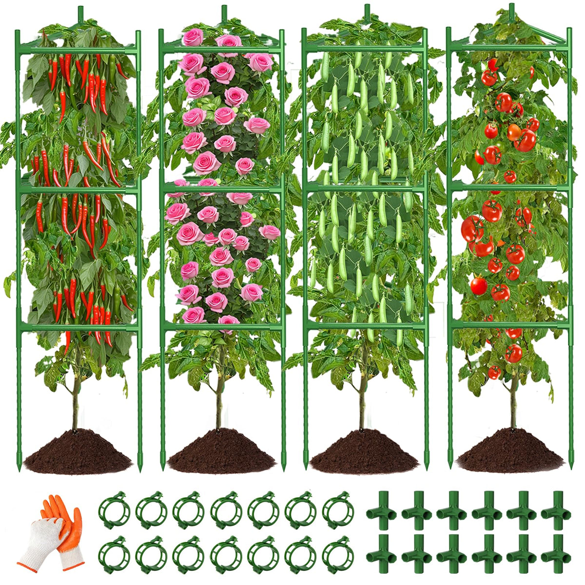 OUREST tomato cage four-pack assembled for sturdy vertical garden support.
