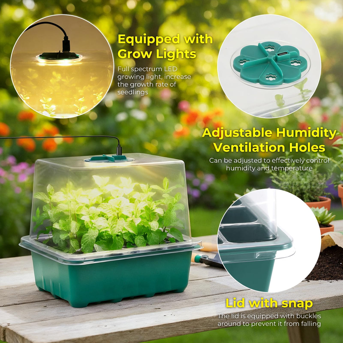 Ourhom seed starter dome with adjustable vents shows seedling air flow.