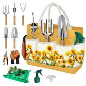 OUREST 22Pcs gardening tools set with yellow tote for organized outdoor tasks.