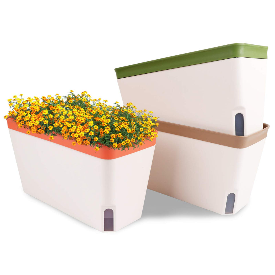 OurWarm 3-Pack Self-Watering Planter on a sunny windowsill with built-in reservoir.