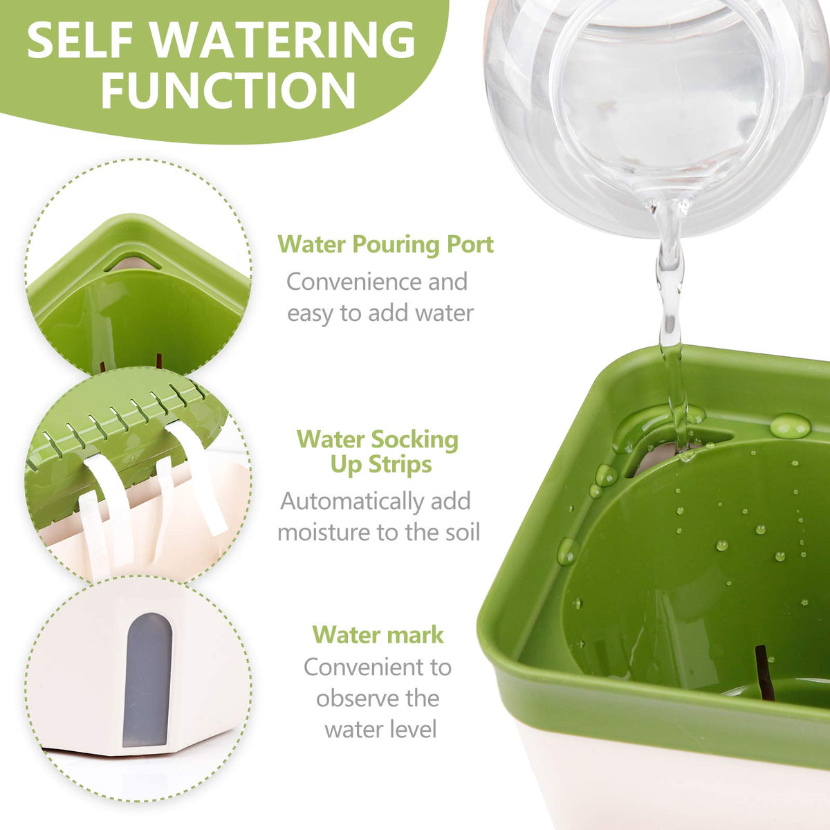 OurWarm self-watering planter showing rope mechanism maintains soil moisture