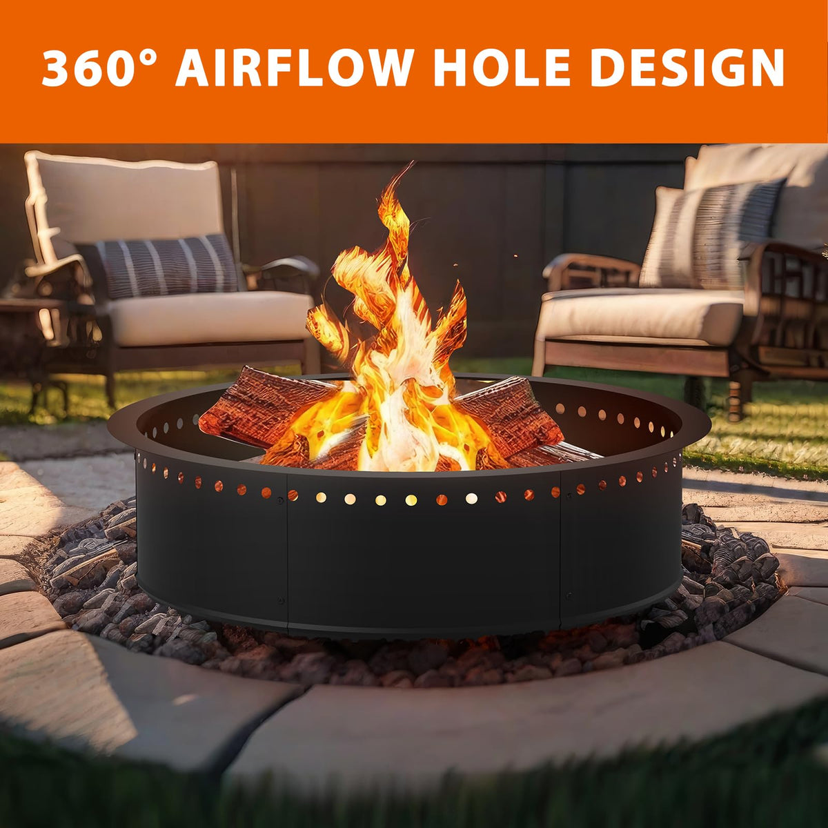 OUSHENG smokeless fire pit ring shows 33-inch outer diameter for spacious outdoor gatherings