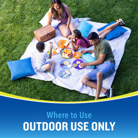 Outdoor summer use image shows easy spray application on exposed skin.