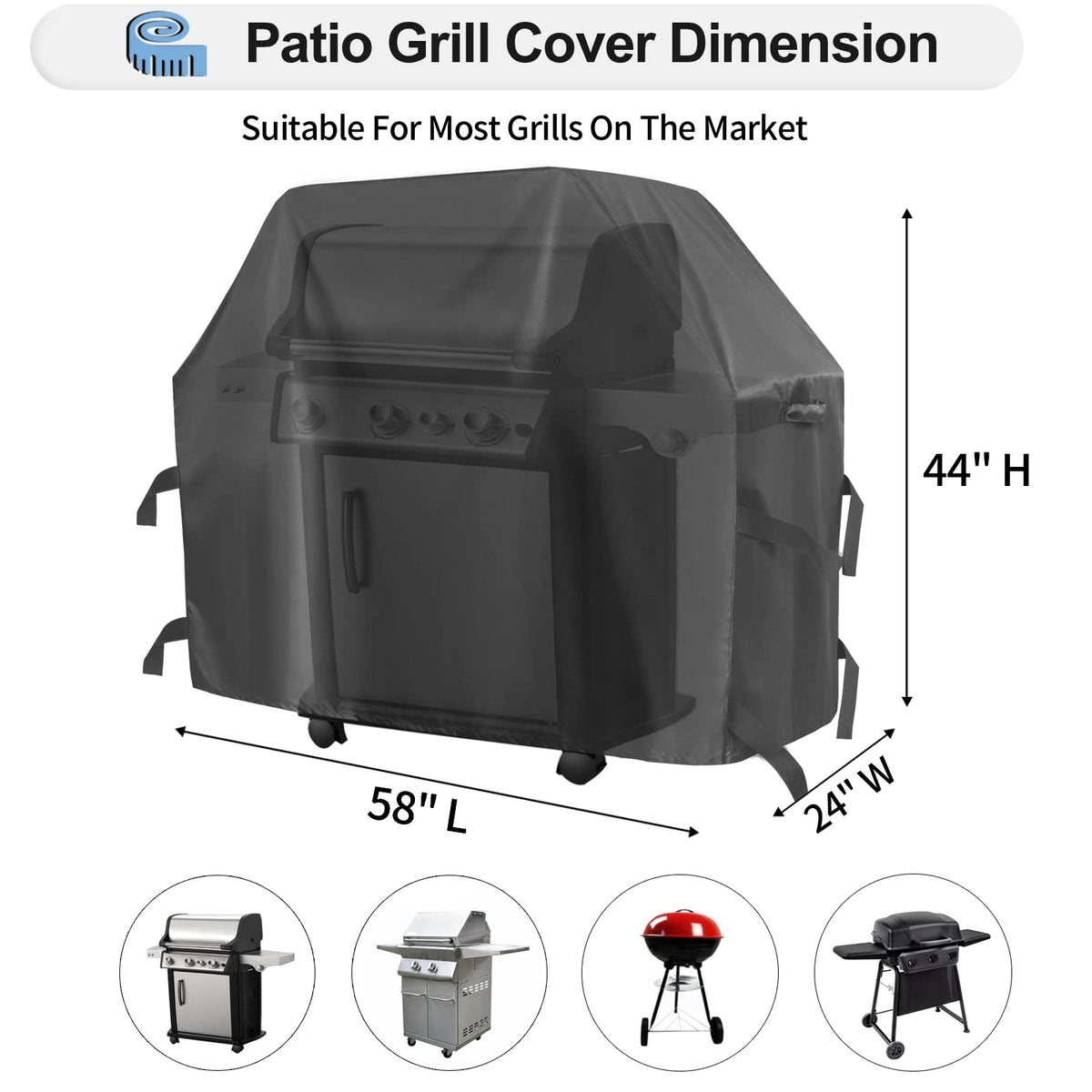 OutdoorLines grill cover 58x24x44 side view highlights secure straps and windproof design.