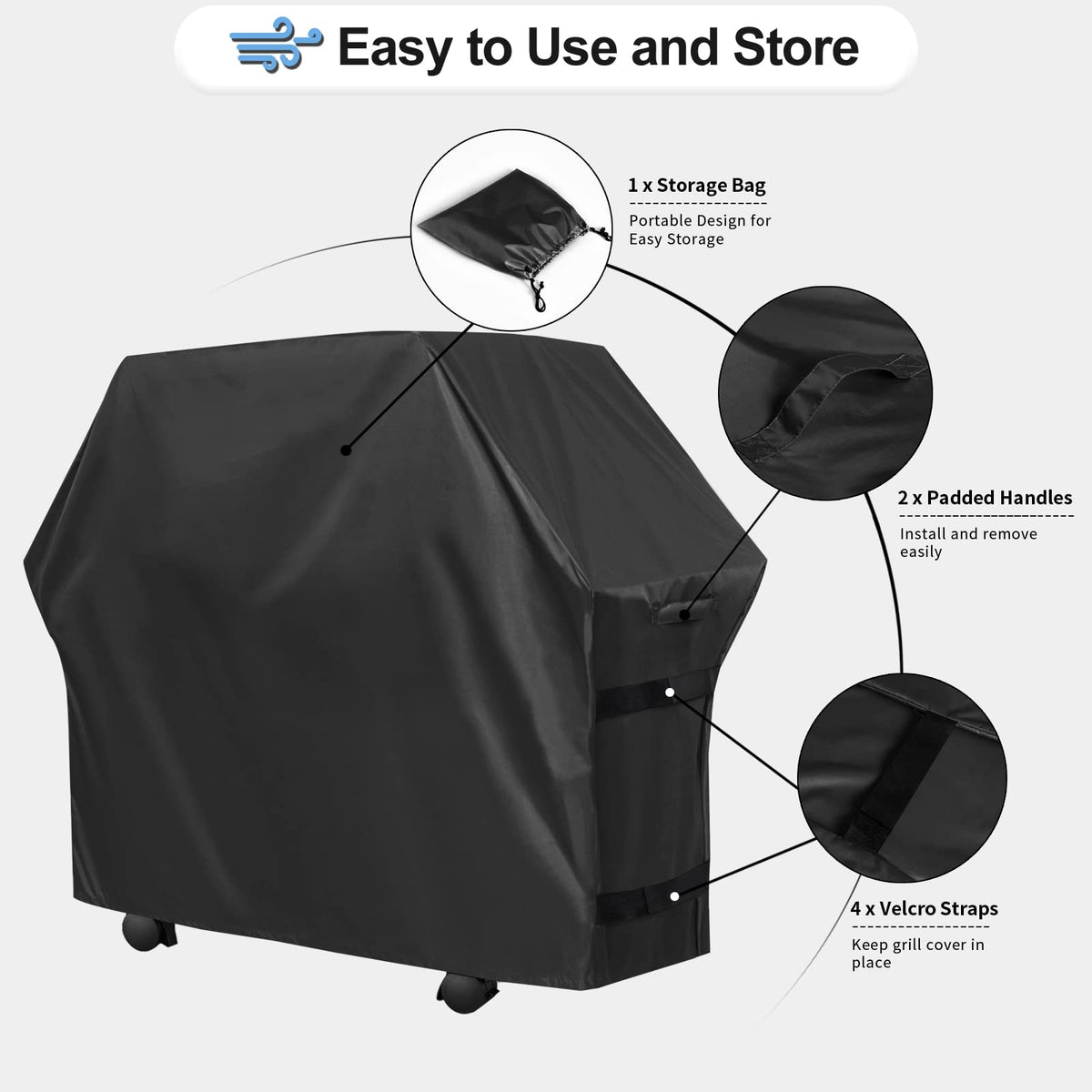 OutdoorLines grill cover with Velcro straps demonstrates adjustable windproof securement.