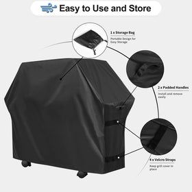 OutdoorLines grill cover with Velcro straps demonstrates adjustable windproof securement.