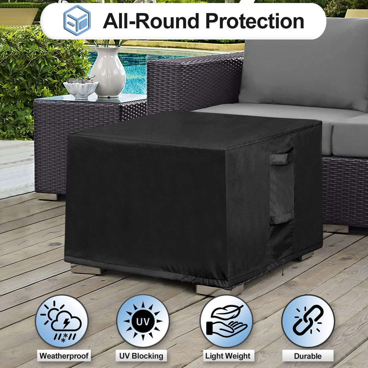 OutdoorLines ottoman cover buckles illustrate secure wind-resistant fastening