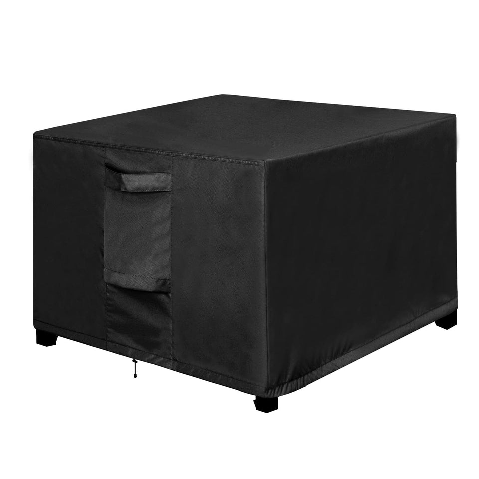 OutdoorLines square ottoman cover front view showing snug weather protection
