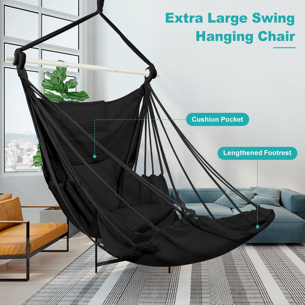 Outerman hammock chair with foot rest and cushions for total comfort.