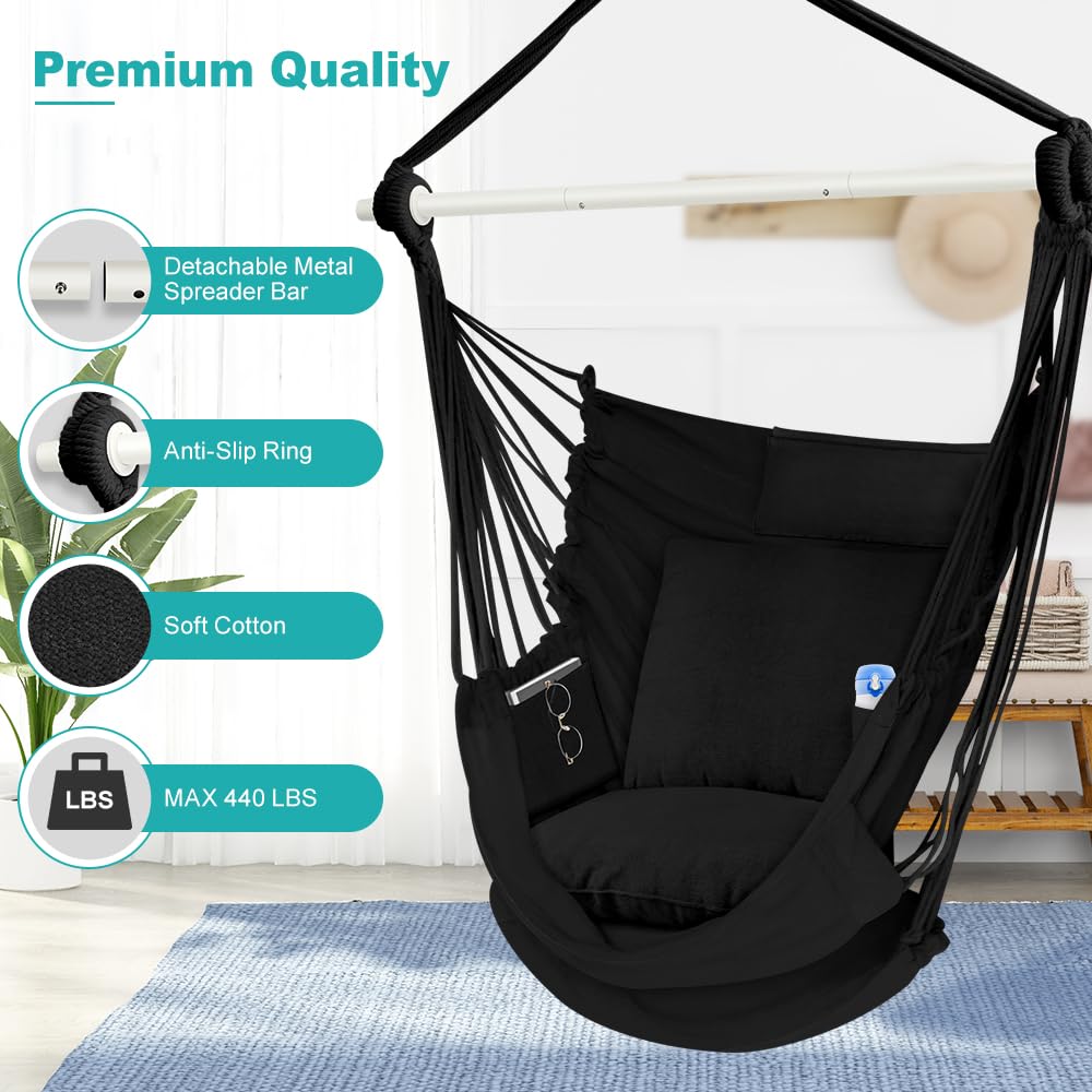 Outerman hammock chair suitable for indoor and outdoor spaces like patios and porches.