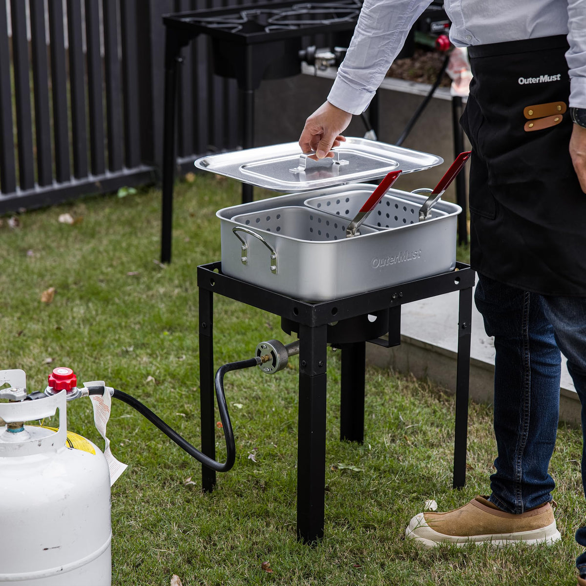 OuterMust fryer stand provides stable support for outdoor cooking.