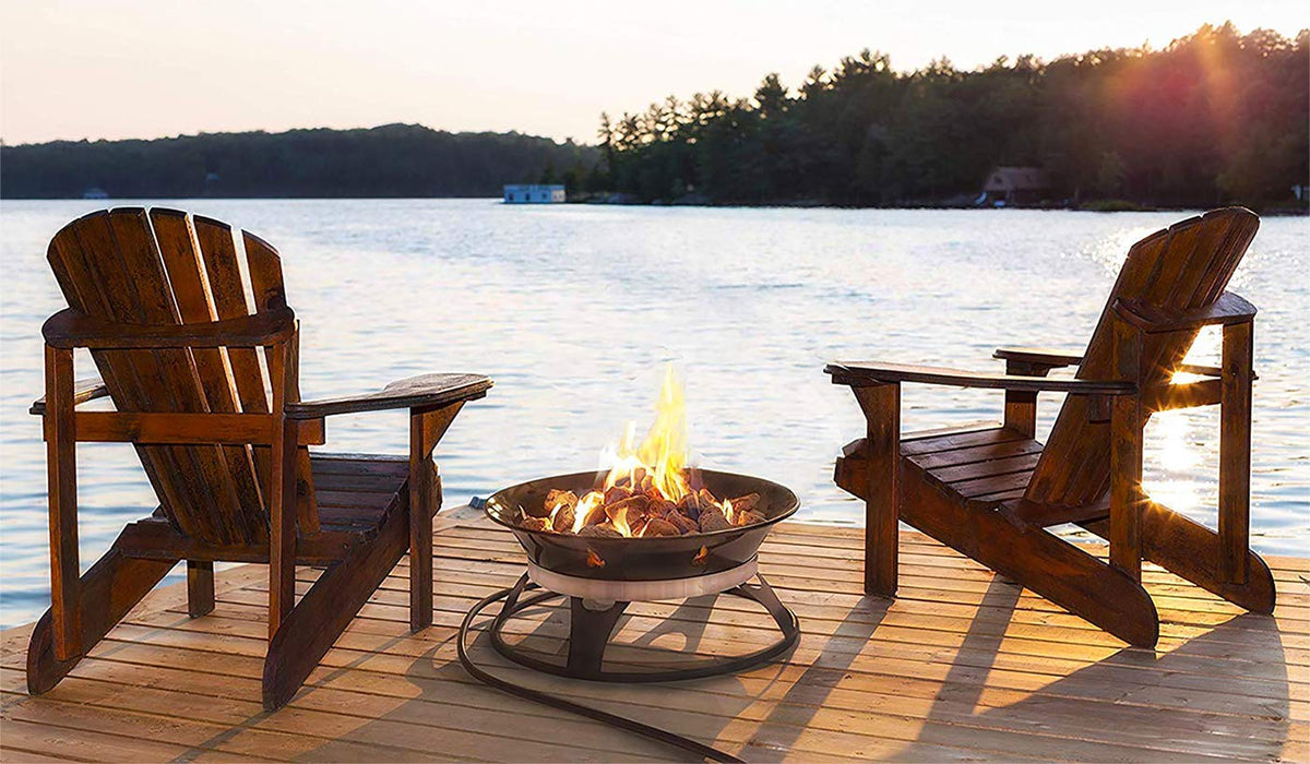 Outland Living Cypress fire pit side profile shows low, sturdy design and warm glow