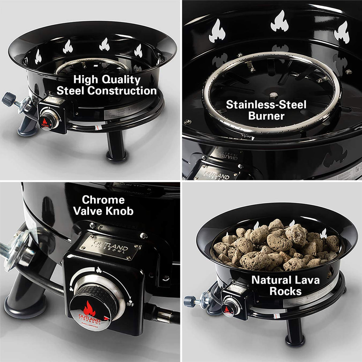 Outland Living Firebowl Mega lava rock detail enhances flicker and warmth.