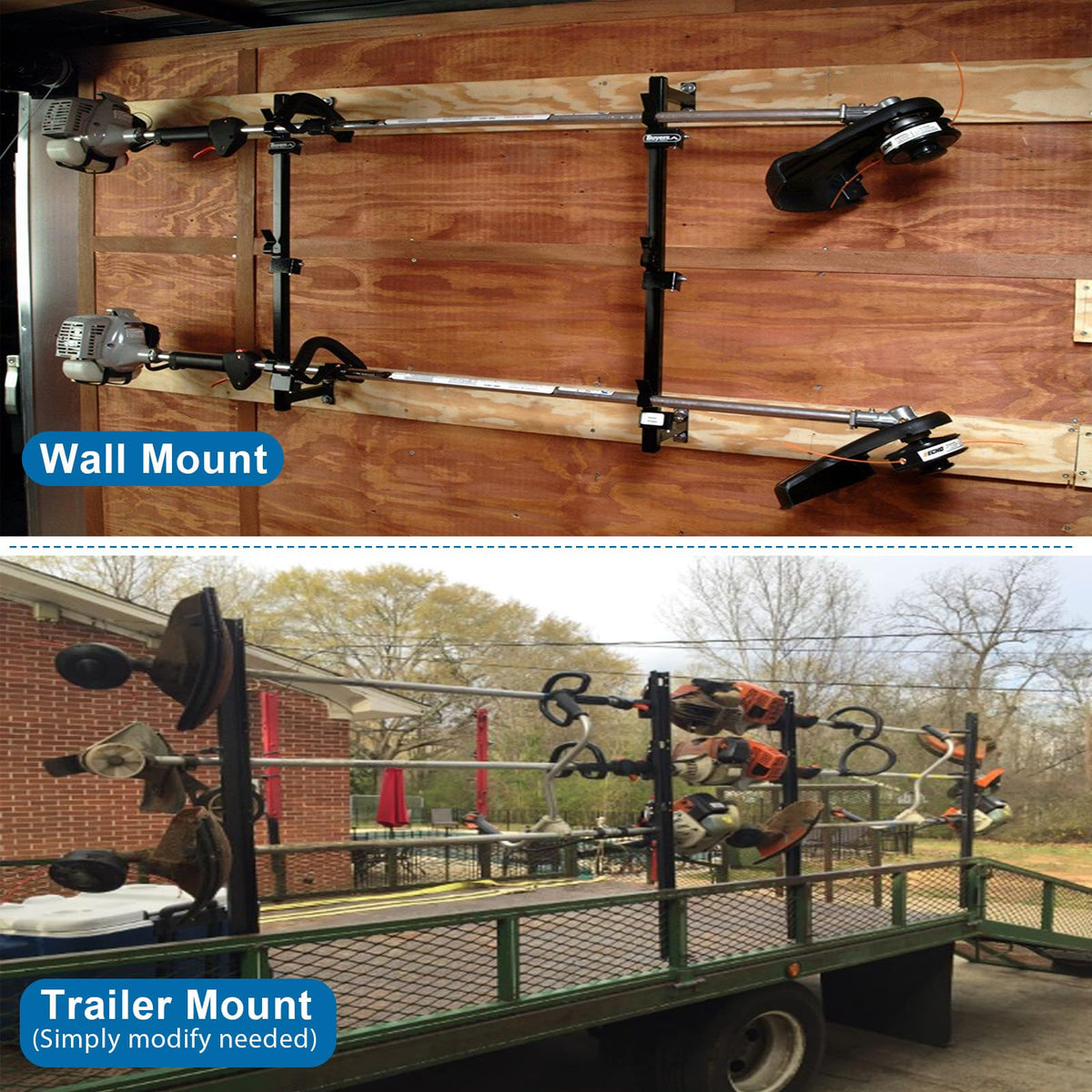 OUTPRIZE Trimmer Rack installation-ready includes hardware for quick wall or trailer mounting.