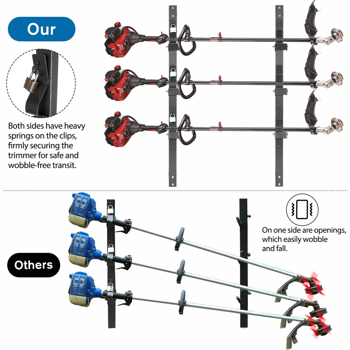 OUTPRIZE Trimmer Rack offers spacious 3-place design to prevent collisions on your trailer.